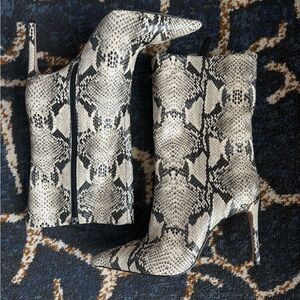 SCHUTZ Snakeskin Heeled Boots - Black and Cream